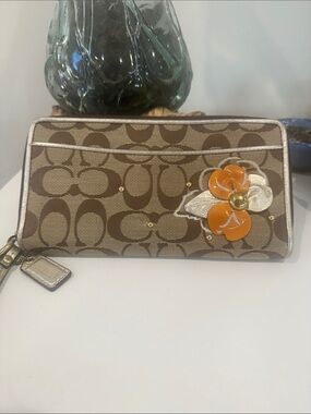 Coach Signature Canvas Wristlet with Orange Floral Applique